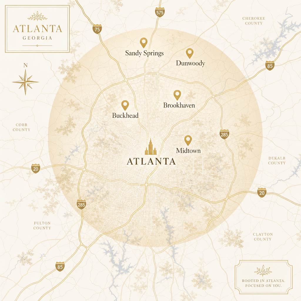 Stylized map of Atlanta metro area showing Pet Concierge Co. service area including Buckhead, Brookhaven, Midtown, Sandy Springs, and Dunwoody