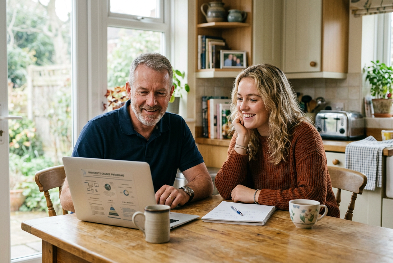 A hopeful military veteran and a young adult family member reviewing a laptop together at home