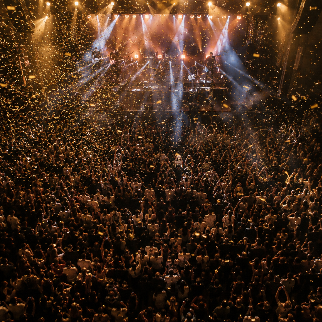 Concert crowd from above with confetti
