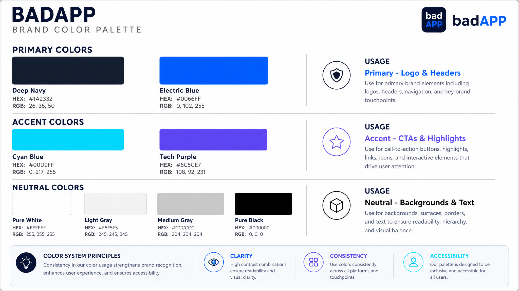 badAPP brand color palette card showing all brand colors