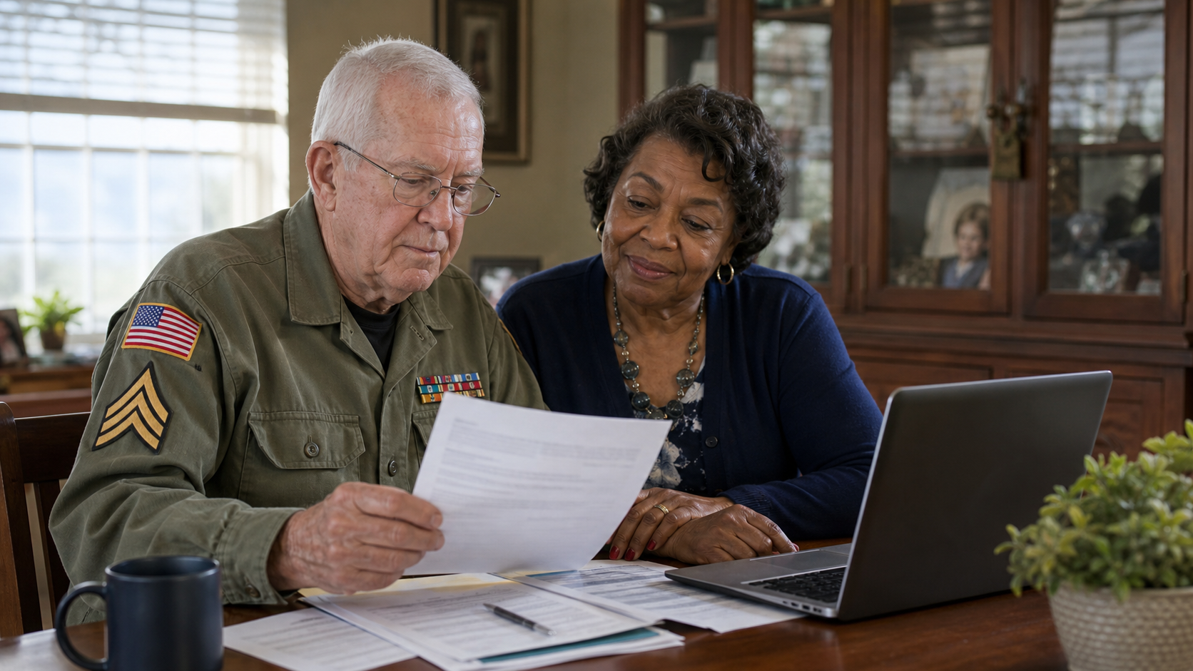 An elderly veteran couple reviewing family benefit paperwork together at their dining room table