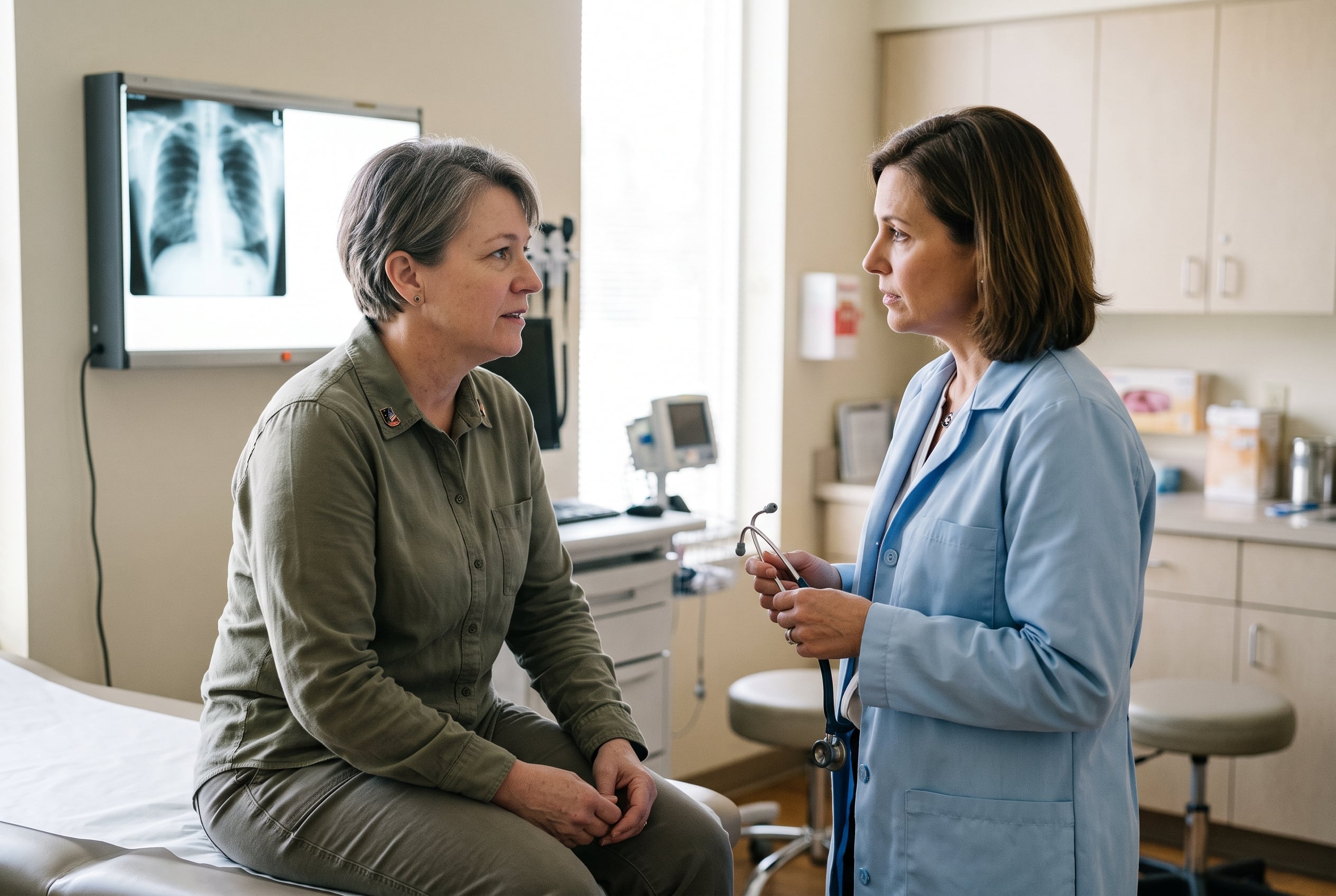 A Gulf War-era veteran discussing respiratory health with a doctor in a clinic