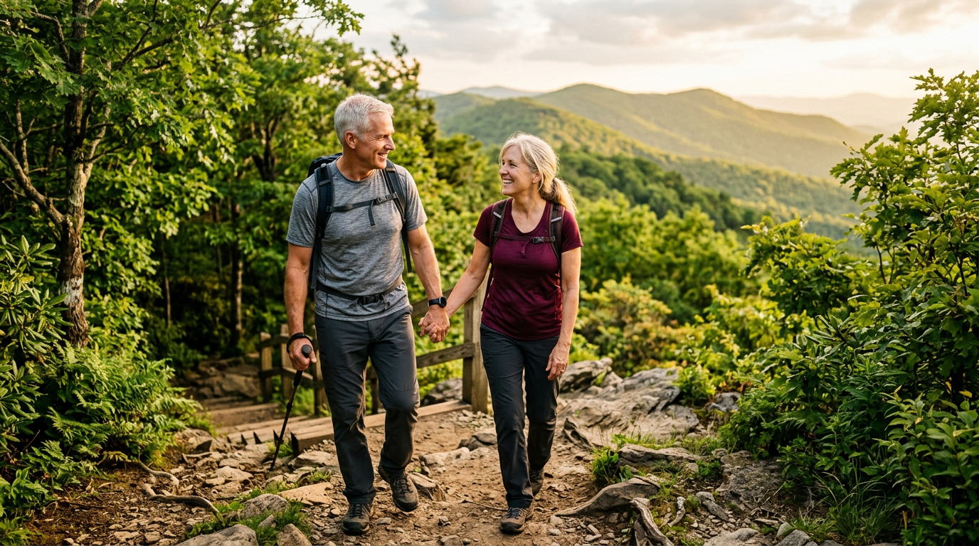 Active couple hiking on an Appalachian mountain trail