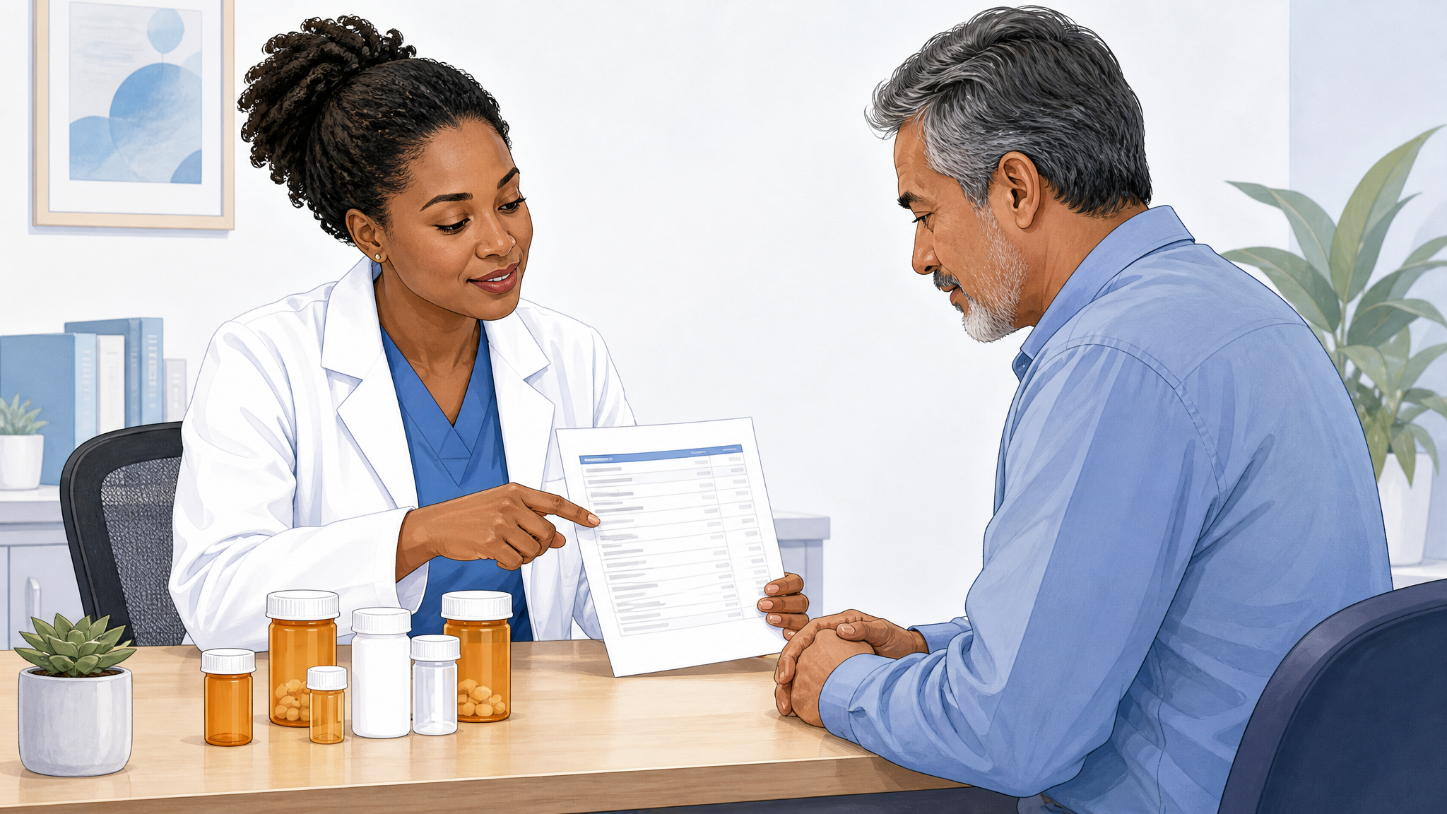 Illustration of a clinician reviewing a medication list with a patient, prescription bottles on the desk
