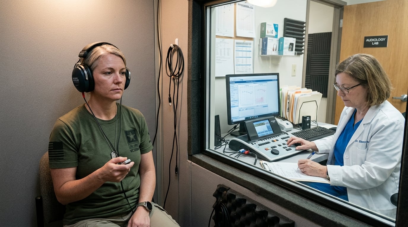 A woman veteran taking a hearing test in an audiology booth