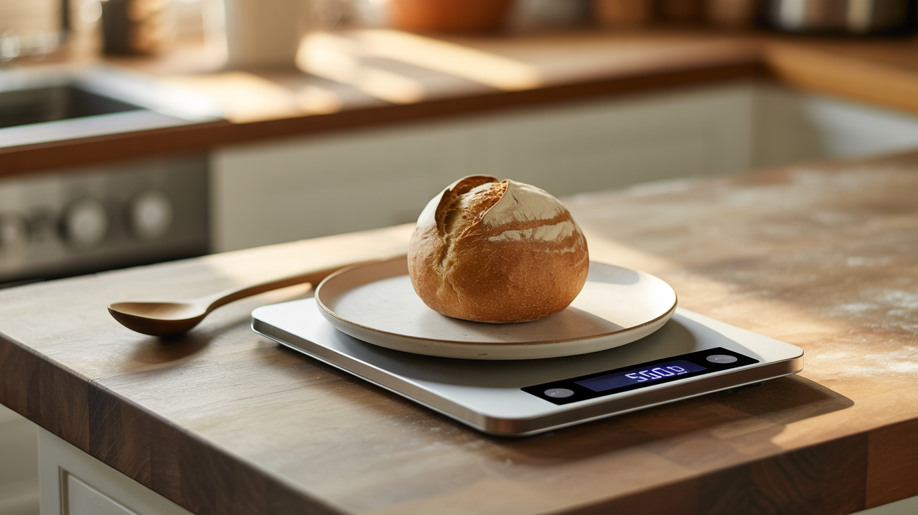 Single small sourdough boule on white ceramic plate next to digital kitchen scale showing precise measurement