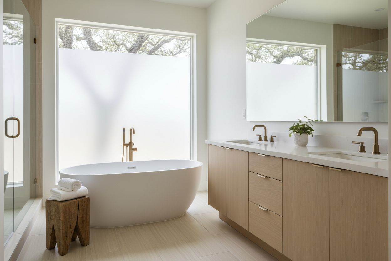 Spa-style bathroom with freestanding tub and light wood vanity
