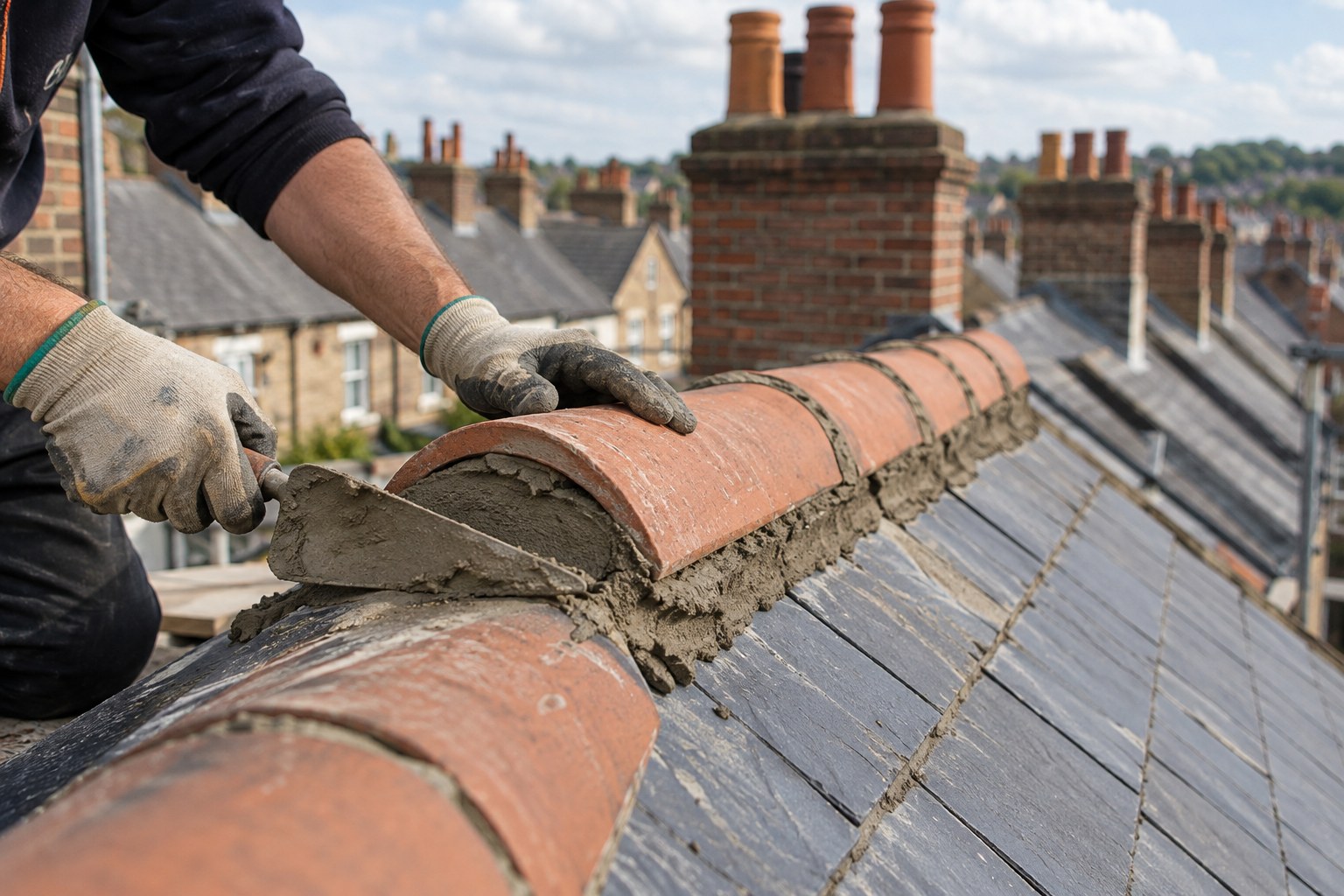 Roofer re-bedding clay ridge tiles on a slate roof