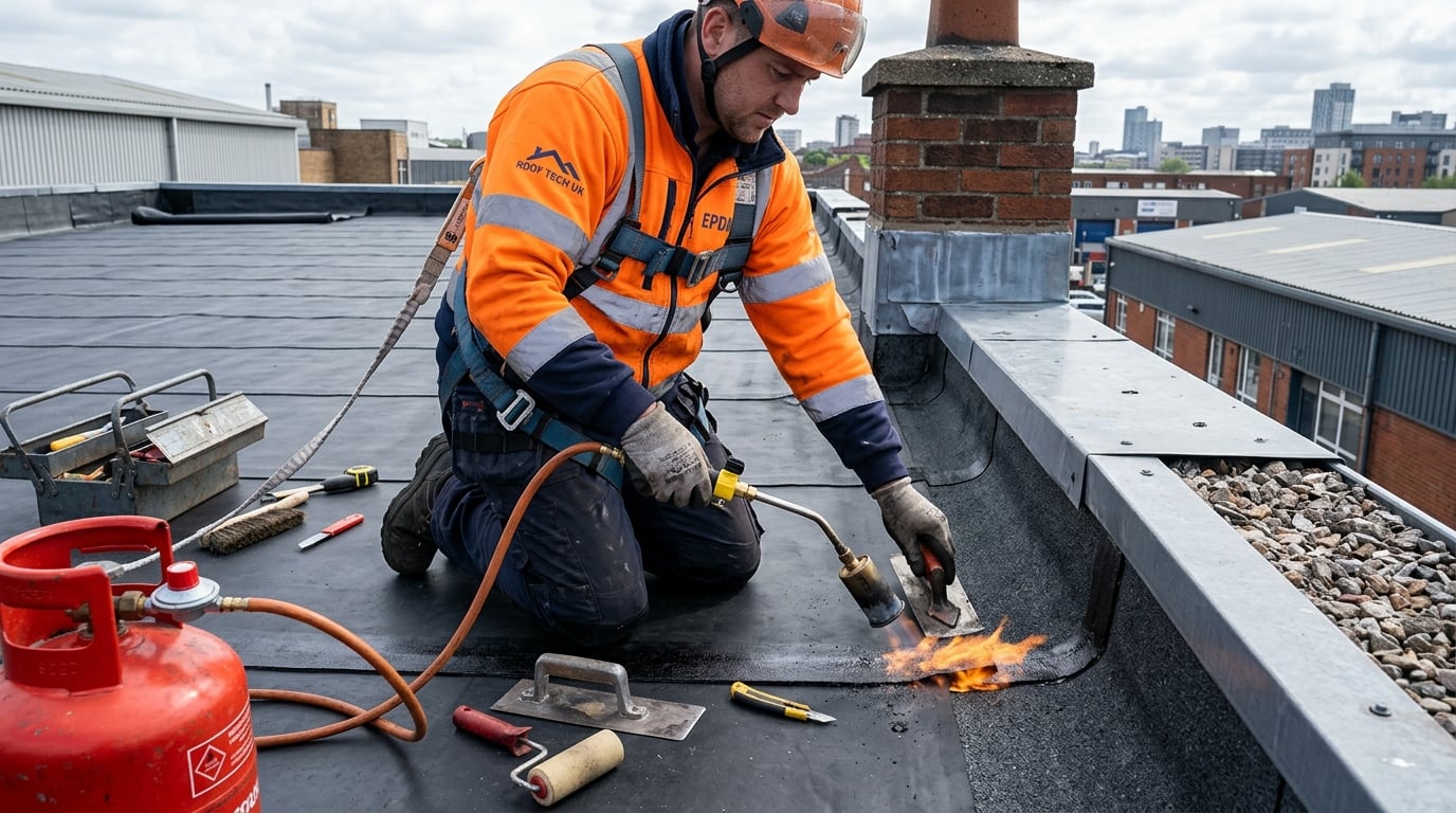 Professional flat roofing installation work