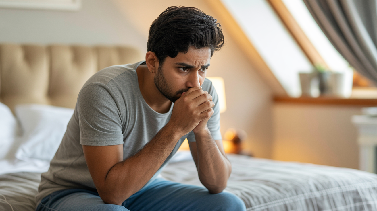 Marcus before therapy - sitting anxiously on bed with tense posture