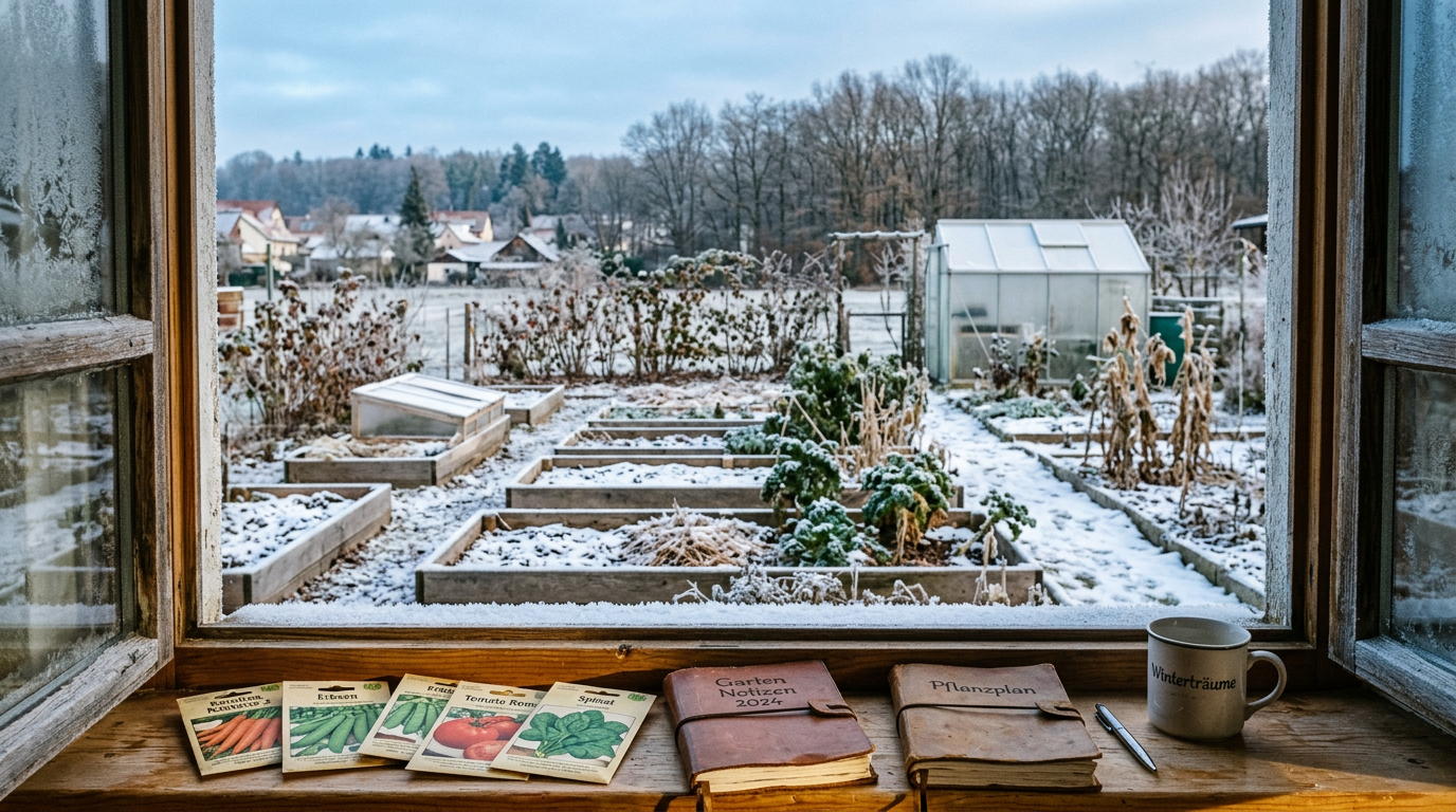 January garden — a winter scene in a temperate Central European vegetable garden