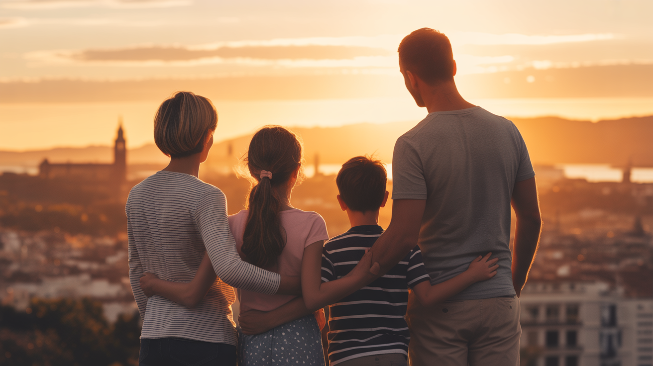 Family looking at Spanish sunset symbolizing new beginnings