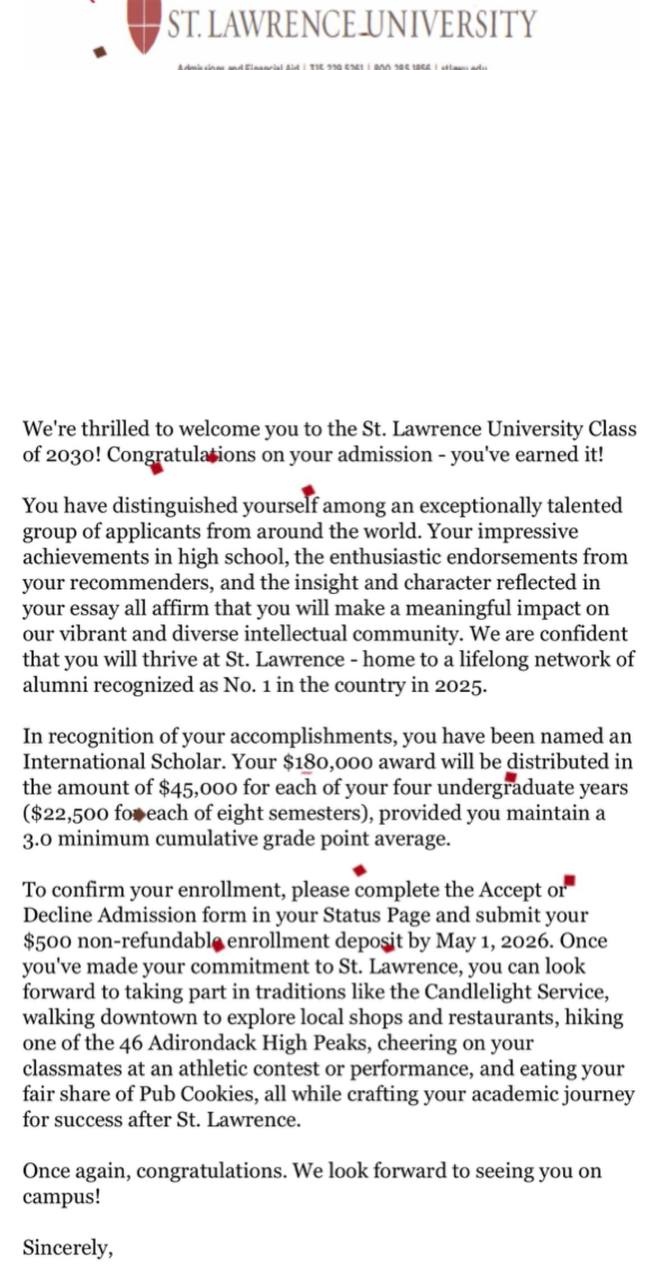 St. Lawrence University admission letter