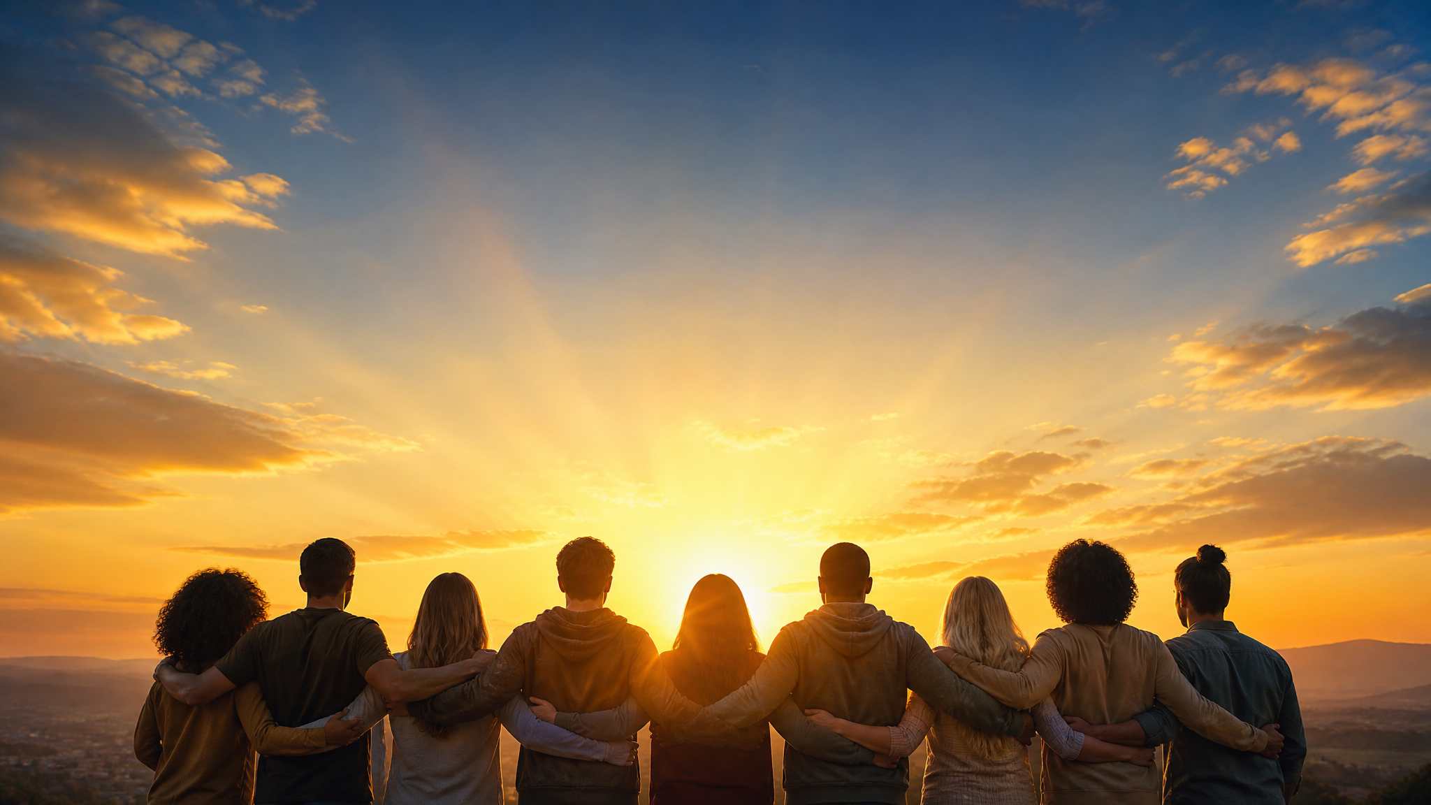 People standing together in unity against a warm sunrise, symbolizing hope and community