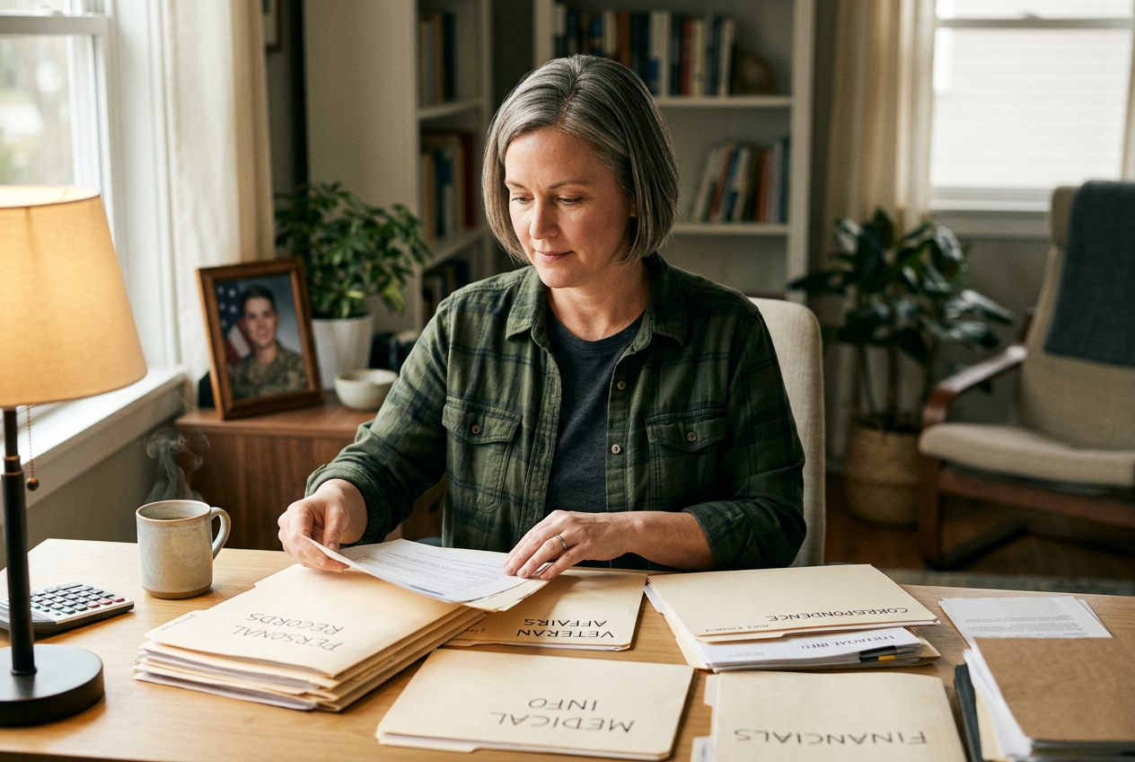 A female military veteran organizing folders and records at her desk