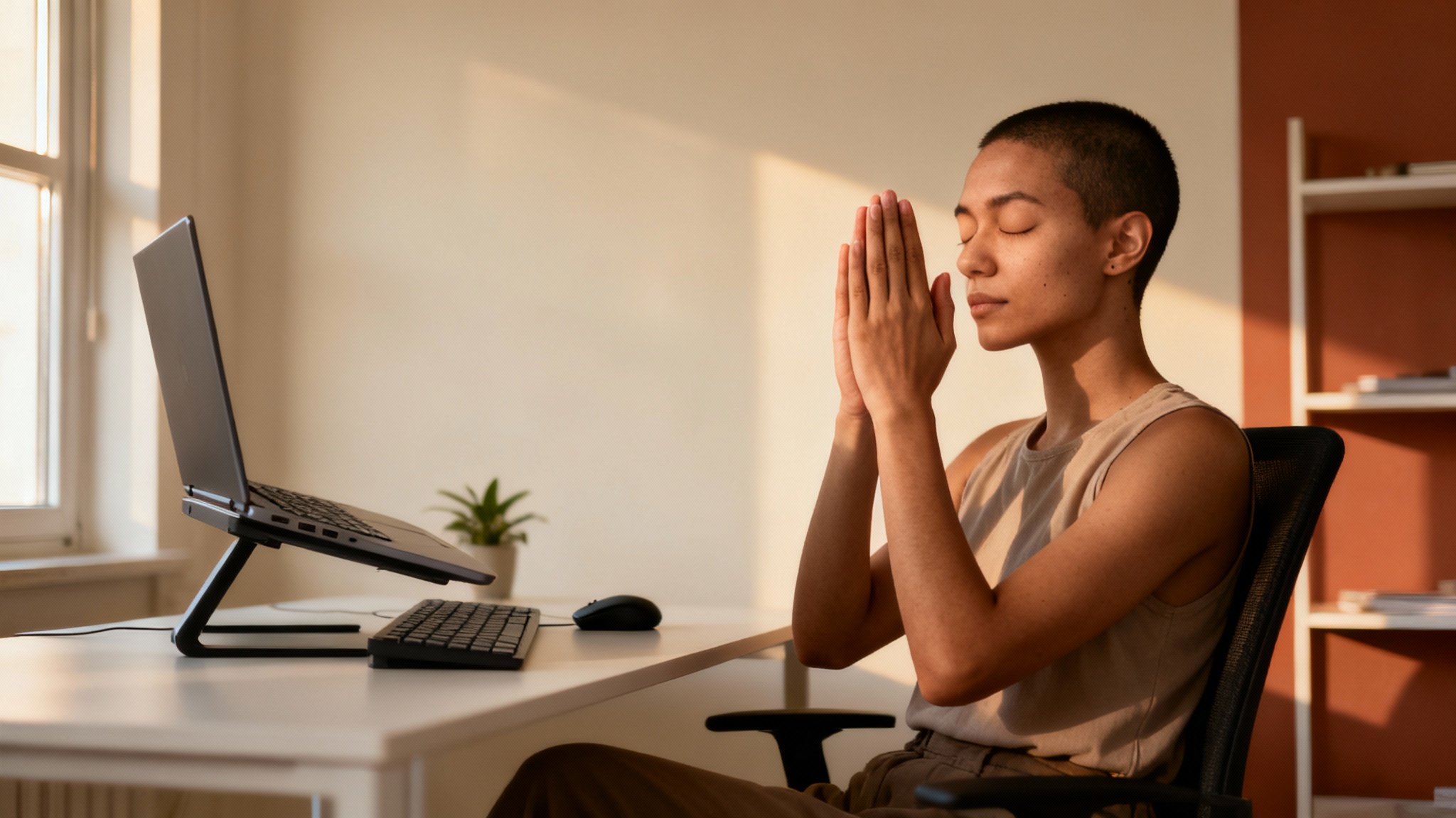 ejercicios para descansar la vista: palming con postura ergonómica y luz lateral
