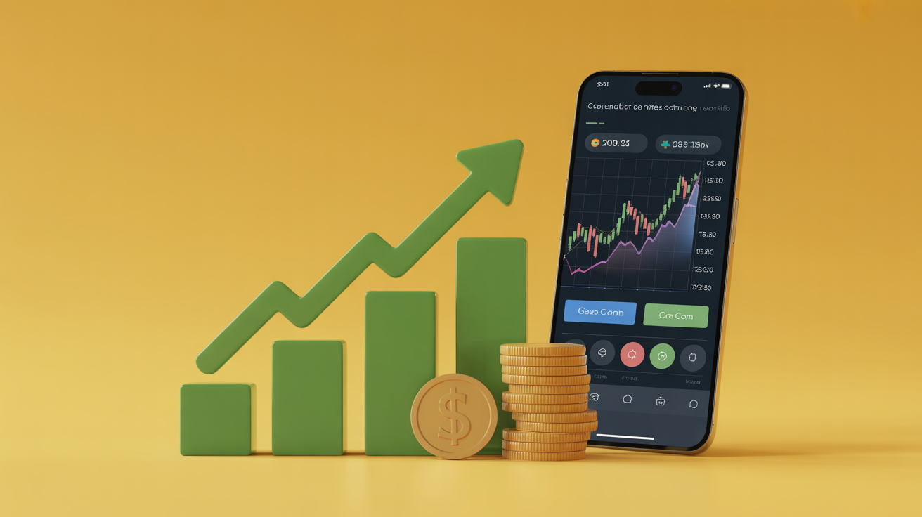 Banner promocional Casatrade com elementos de crescimento financeiro