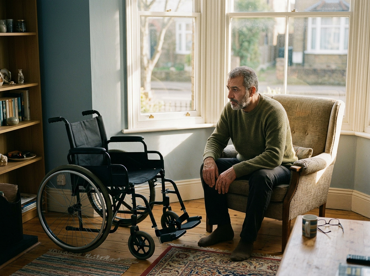 Middle Eastern male veteran confined to home looking out window with wheelchair nearby
