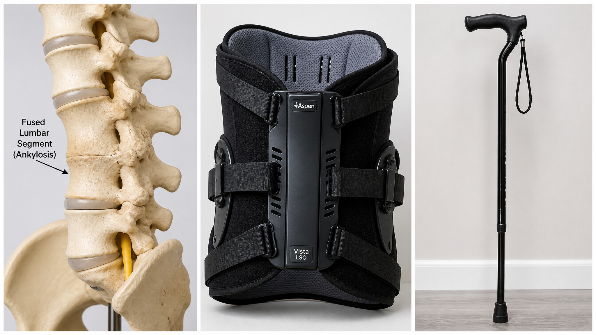 Composite of a fused lumbar spine segment, a rigid LSO back brace, and a cane representing prescribed bed rest and assistive devices