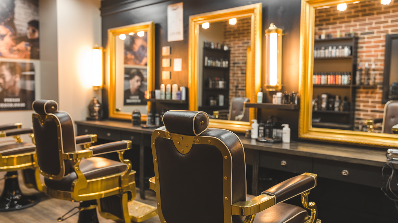 Modern upscale barbershop interior with warm golden atmosphere