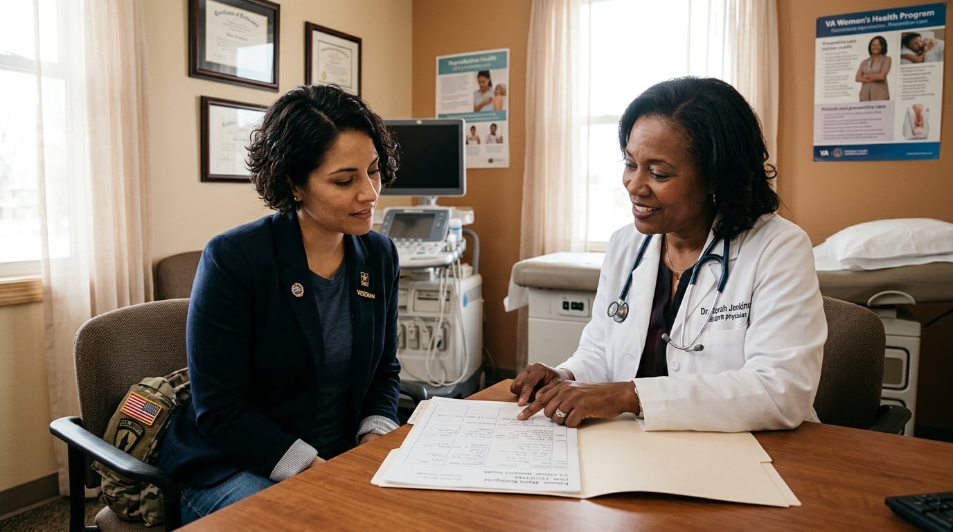 A woman veteran in a respectful consultation with a female OB-GYN