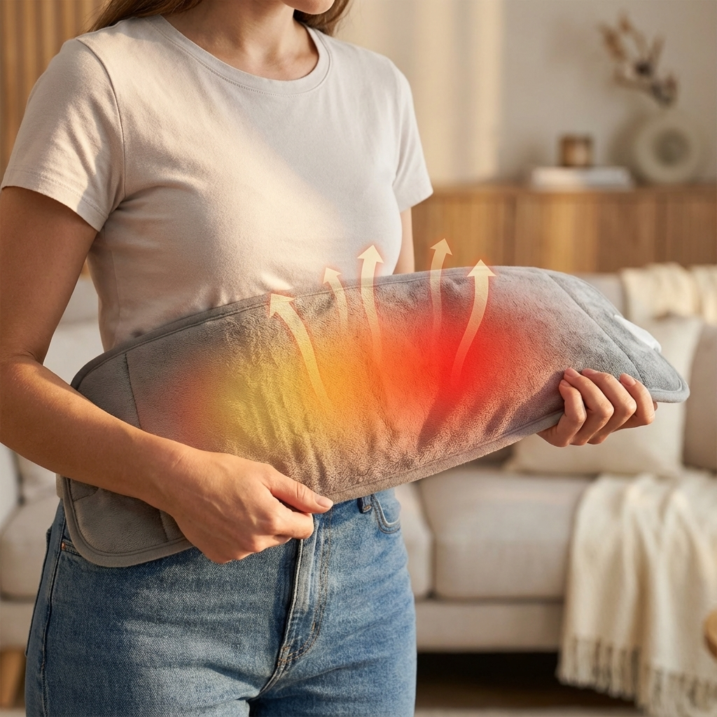 Femme tenant la ceinture chauffante avec visualisation de la chaleur