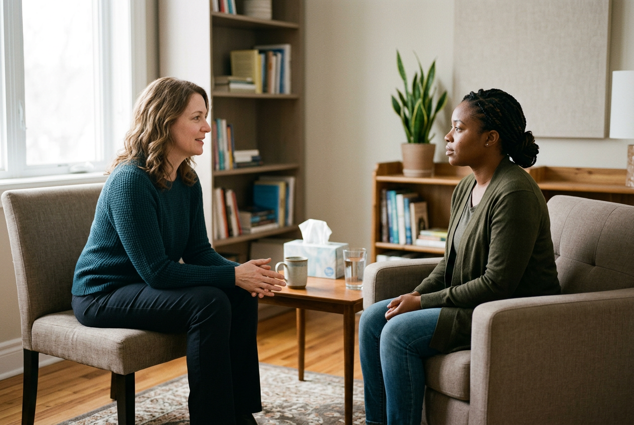 A woman clinician speaking gently with a female veteran across from her in a warm therapy office