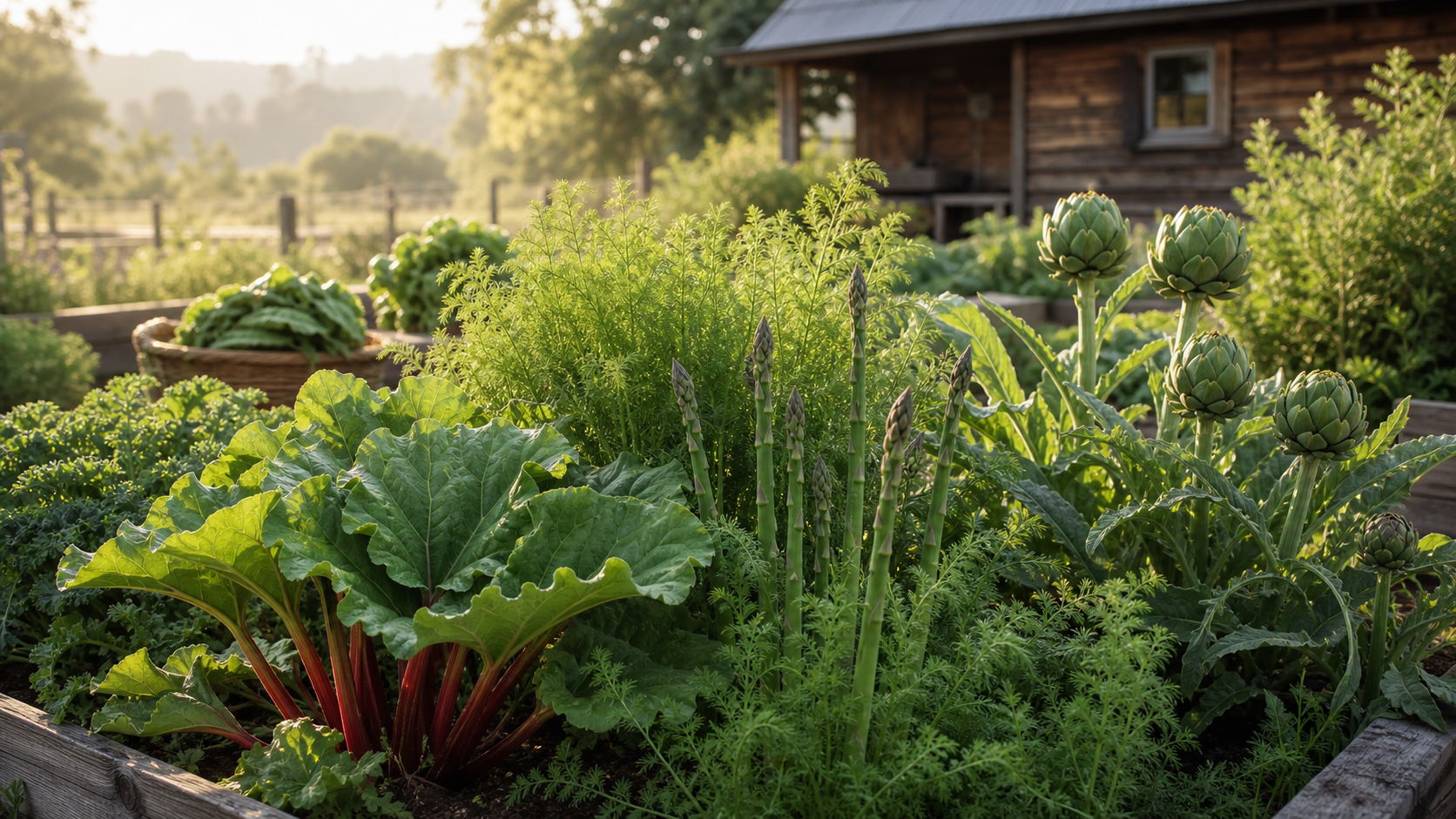 An established perennial food garden with asparagus, rhubarb and artichokes in morning light