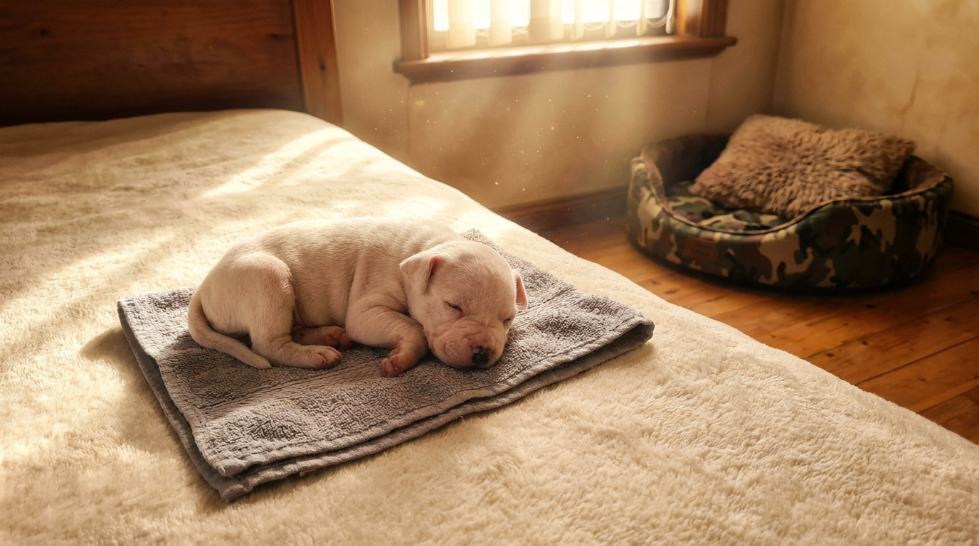 Tek doneto štene belog staforda, 15 dana staro, na krevetu ispod malog peškirića, maskirno kružno gnezdo u uglu sobe. Štene staforda spava na svom mestu što simbolizuje komunikaciju sa životinjama kroz pravila, sigurnost i jasno postavljene granice