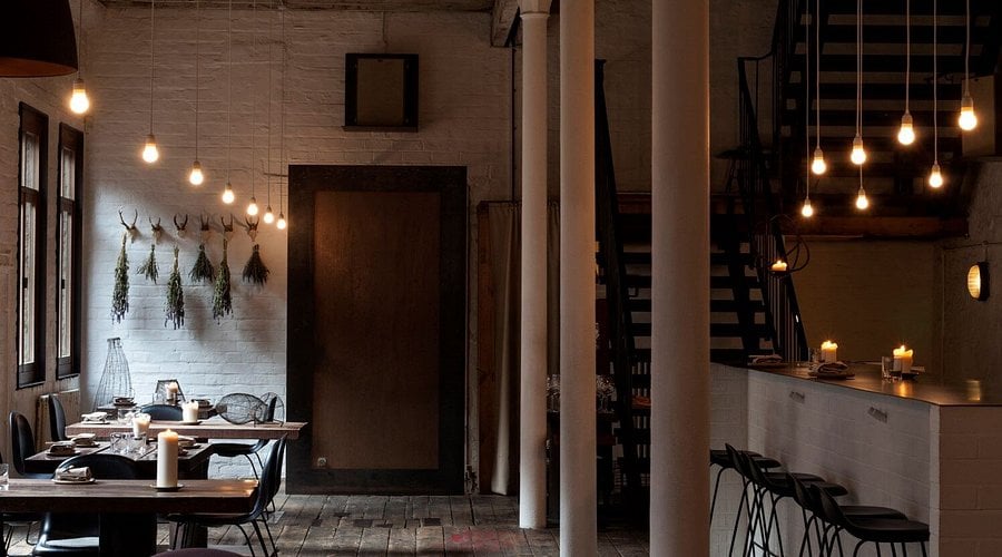 Cozy cafe interior with warm lighting