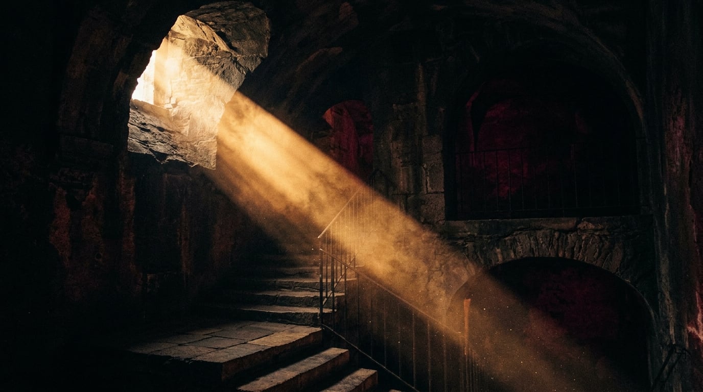 Golden light piercing through darkness