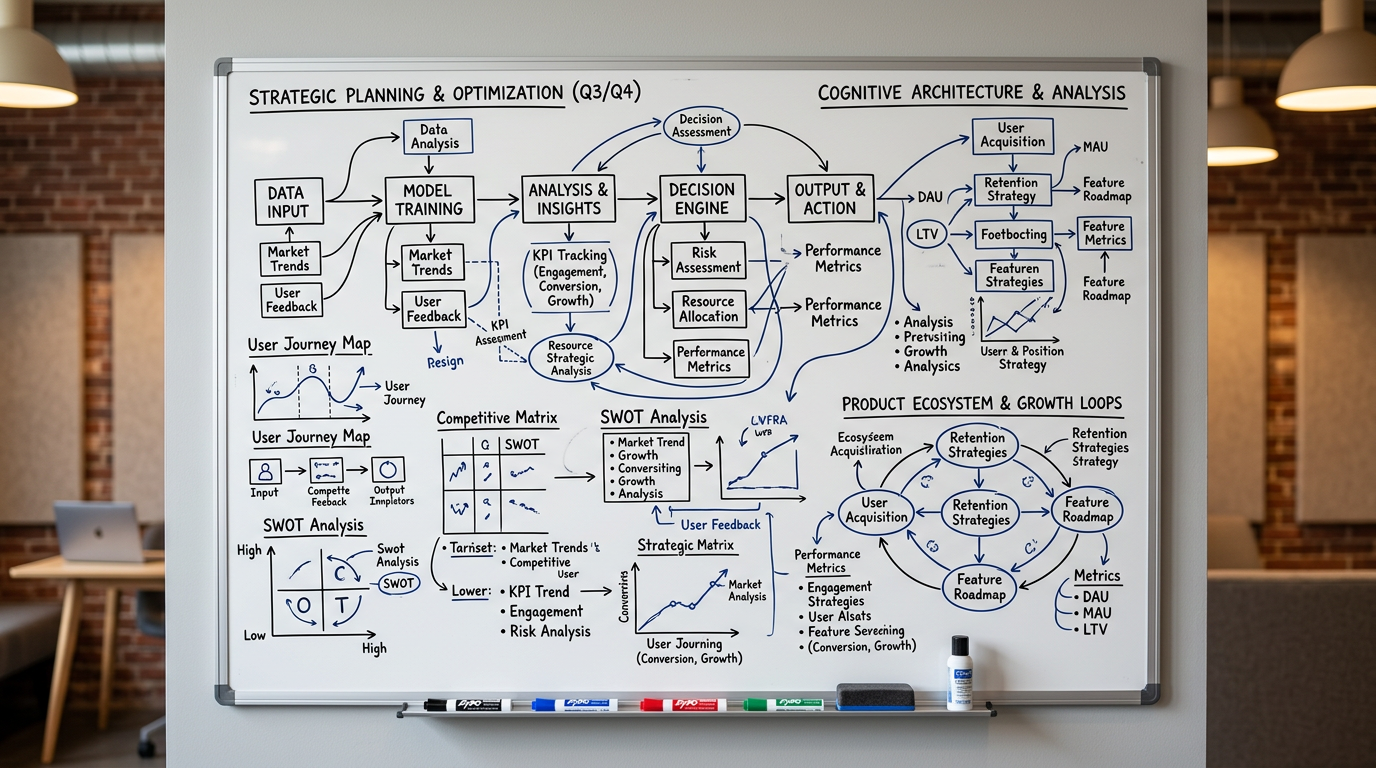 Quadro branco com diagramas e fluxogramas estruturados — trabalho cognitivo complexo e pensamento profundo