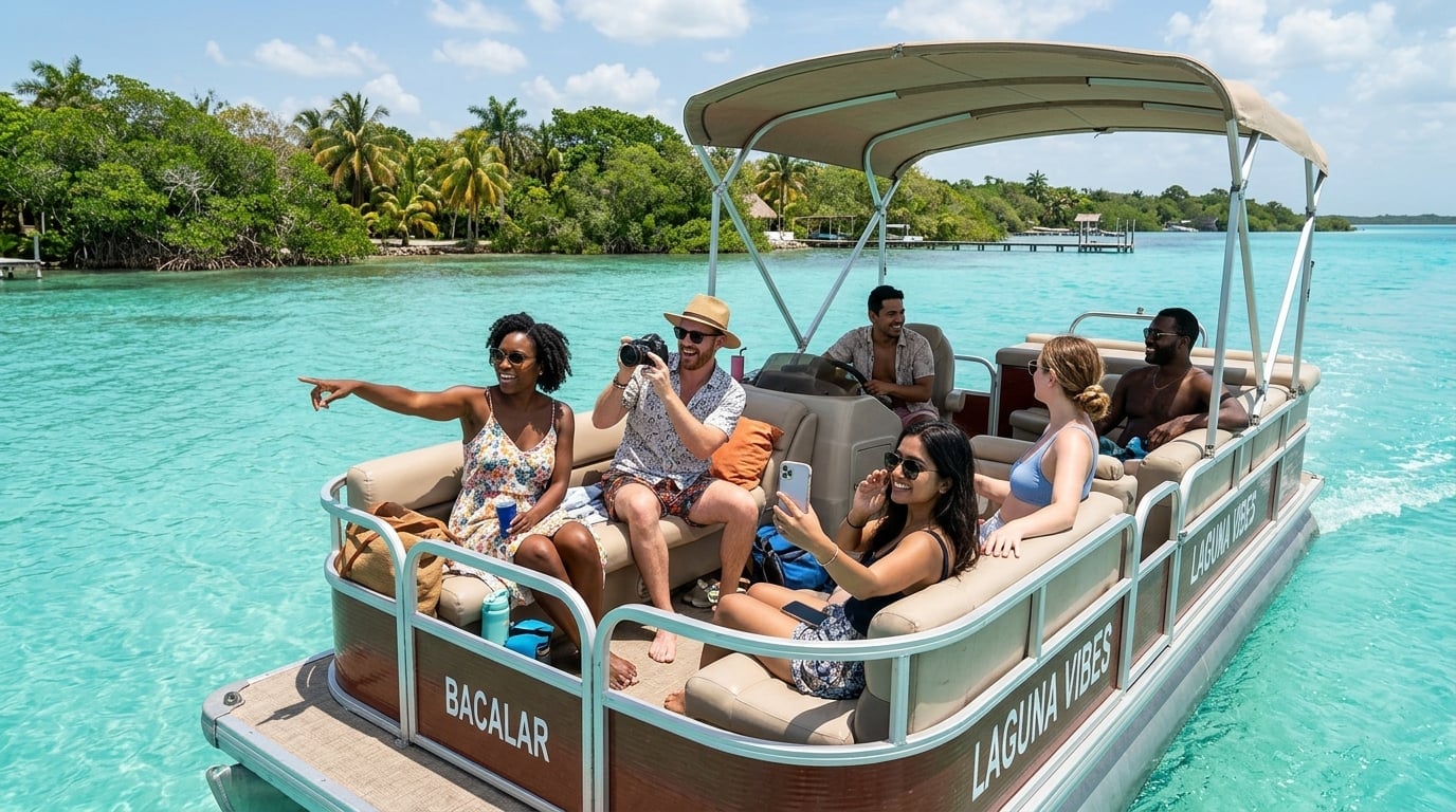 Happy guests enjoying a pontoon boat tour on the crystal clear waters of Laguna Bacalar
