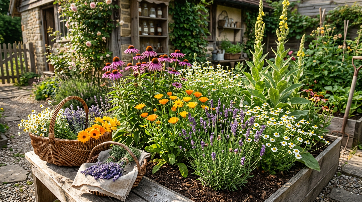 A thriving medicinal herb garden with echinacea, calendula, lavender and chamomile, with baskets of drying herbs