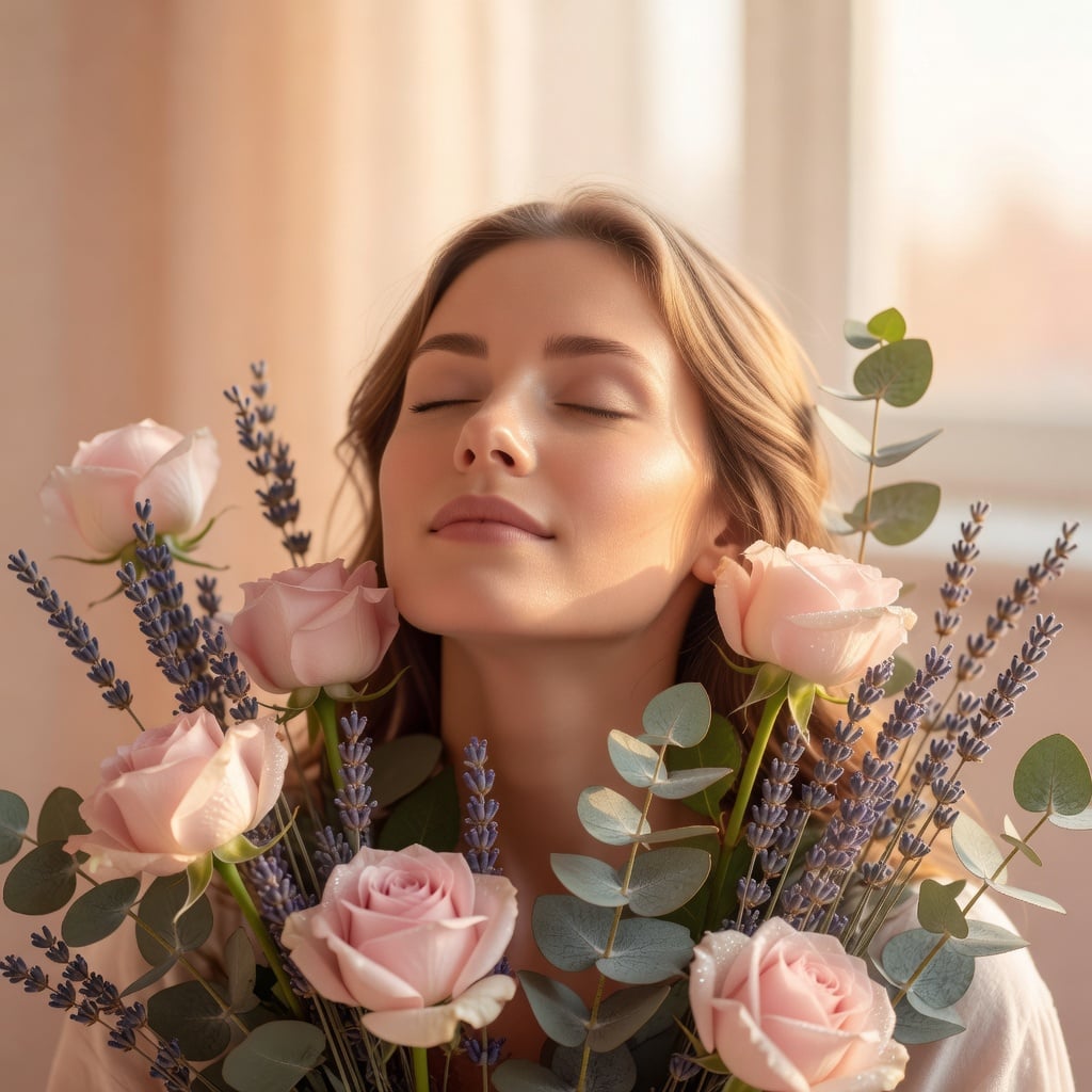 Kobieta odnajdująca spokój wśród kwiatów