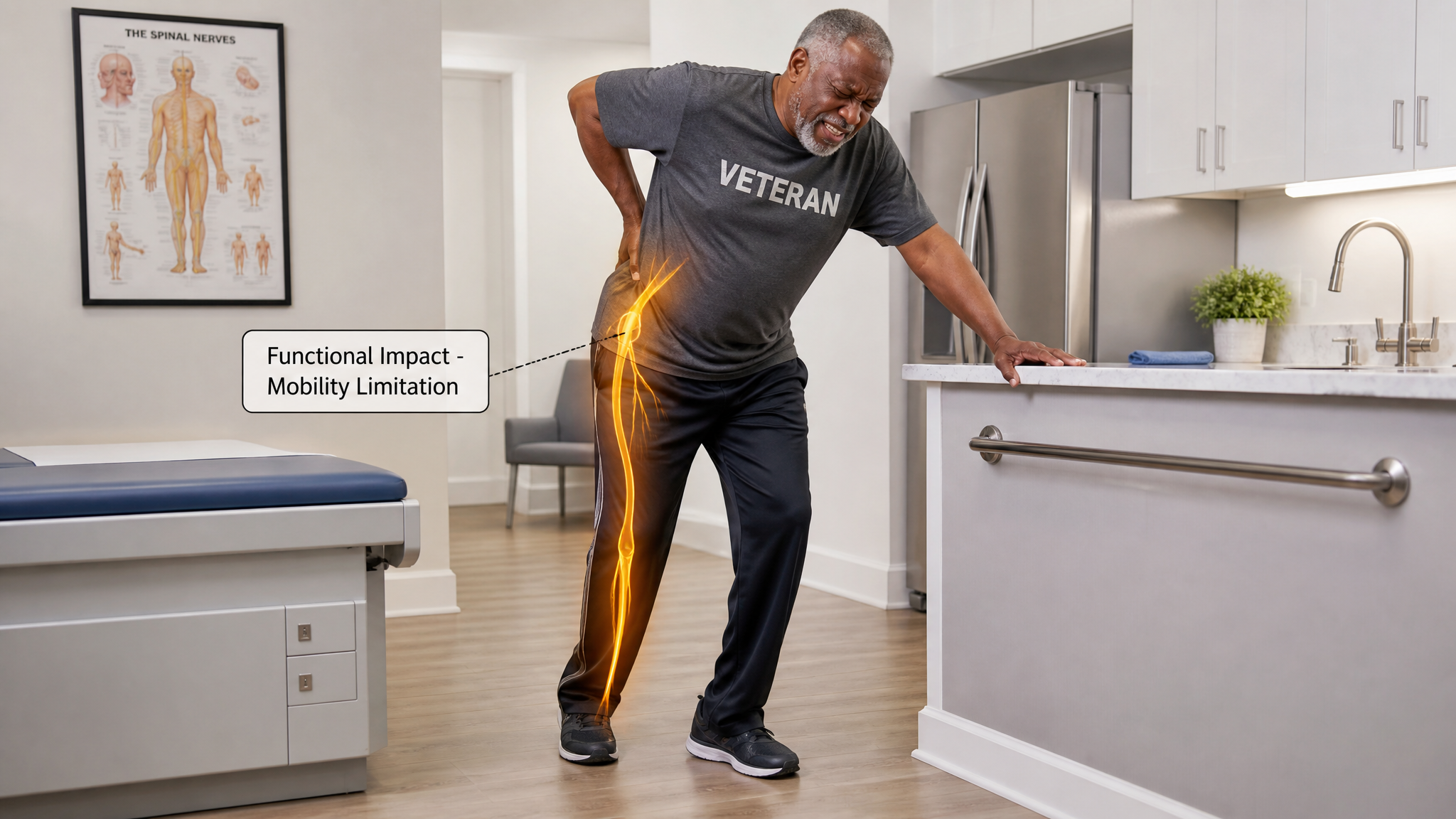 Older Black male veteran struggling to stand and walk, one leg giving out as he grips a counter for support, showing functional impact