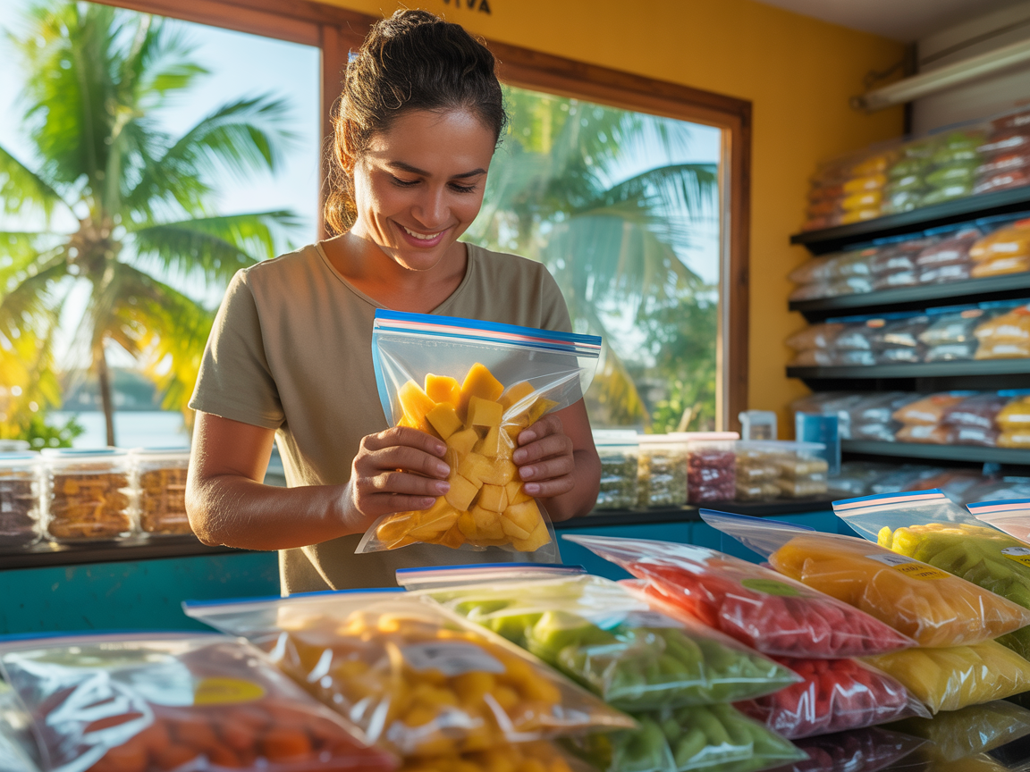 Small business owner packaging freeze dried tropical fruits in Panama