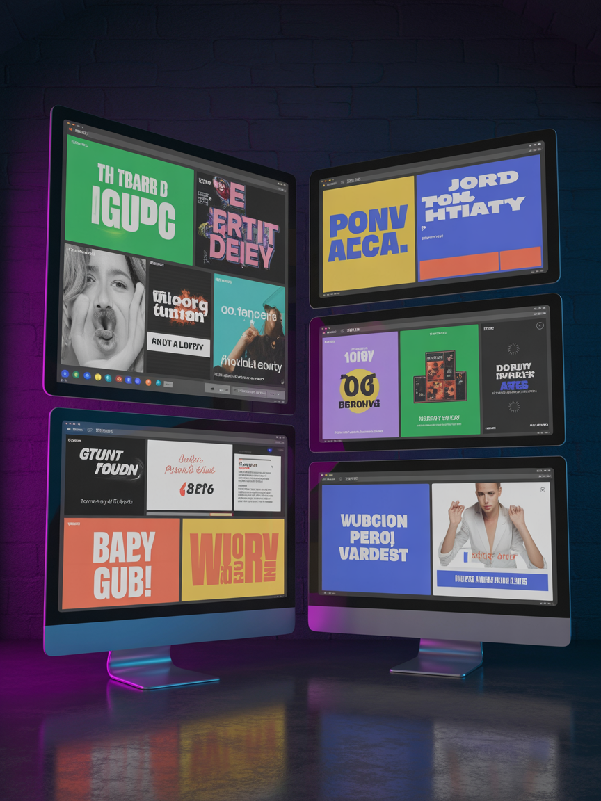 Múltiples monitores mostrando diseños de banners publicitarios modernos