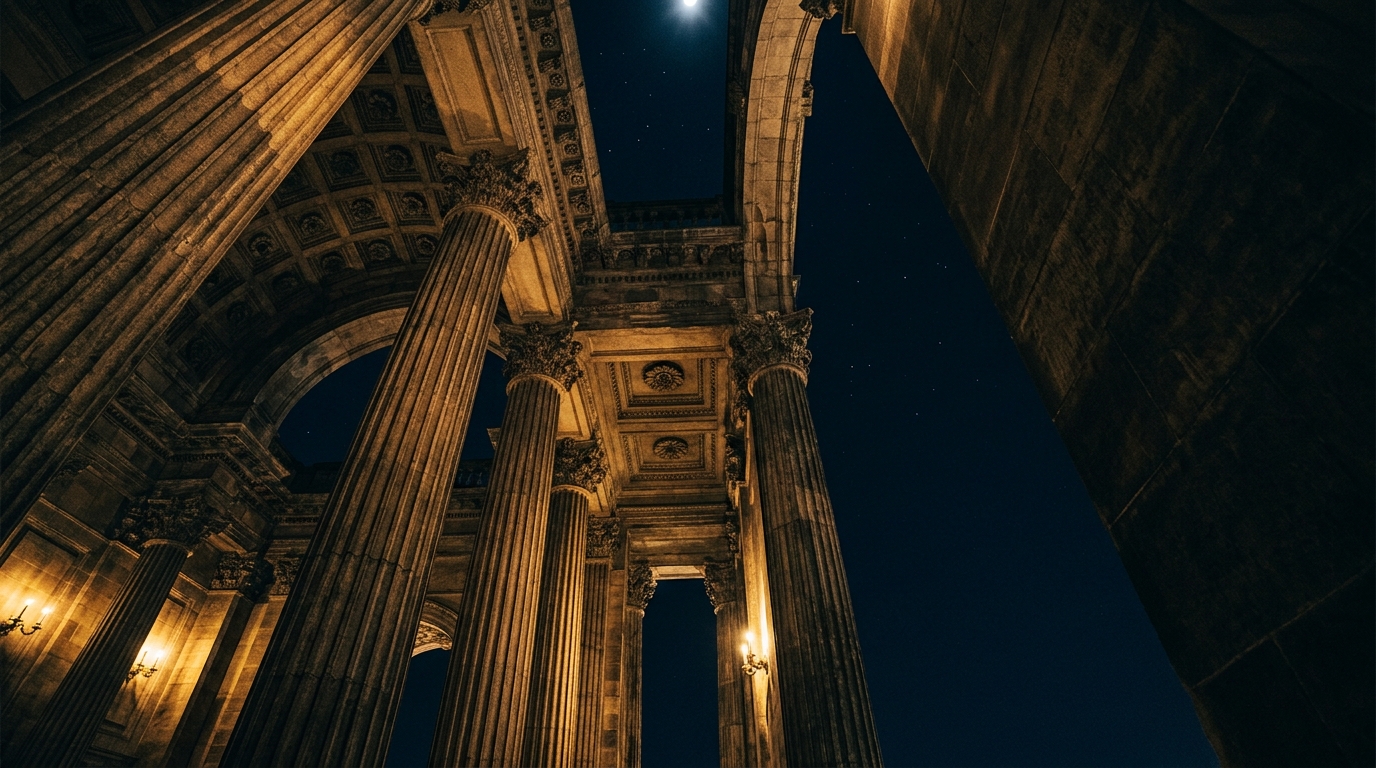 Classical architectural columns bathed in golden light