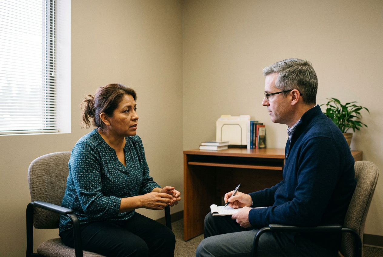 A woman speaking earnestly to a male clinician, describing the veteran's behavior at home