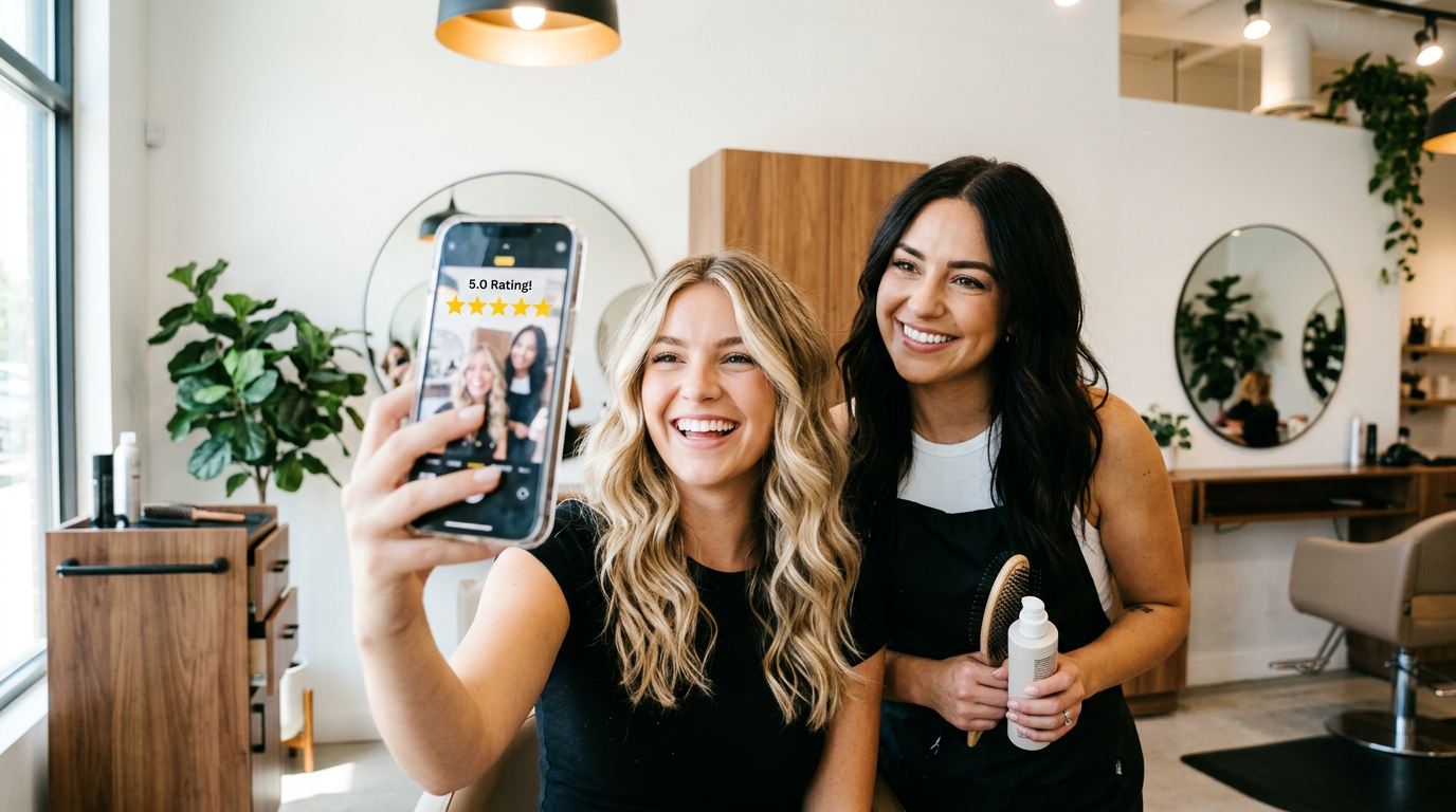 Professional hairdresser photographing client hair results for salon social media marketing