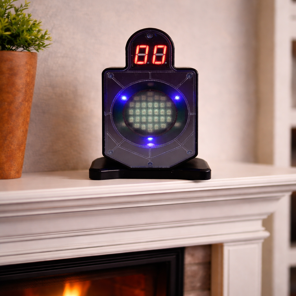 SureShot electronic target with LED scoring display sitting on a white home mantle next to a potted plant — ready for at-home dry-fire practice