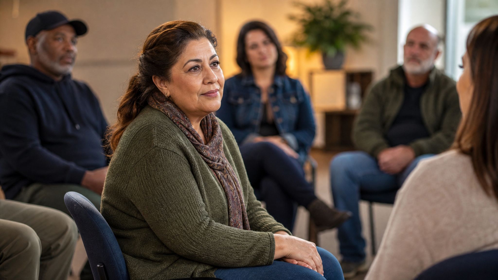 Middle Eastern female veteran in supportive group therapy setting, sitting in circle of chairs