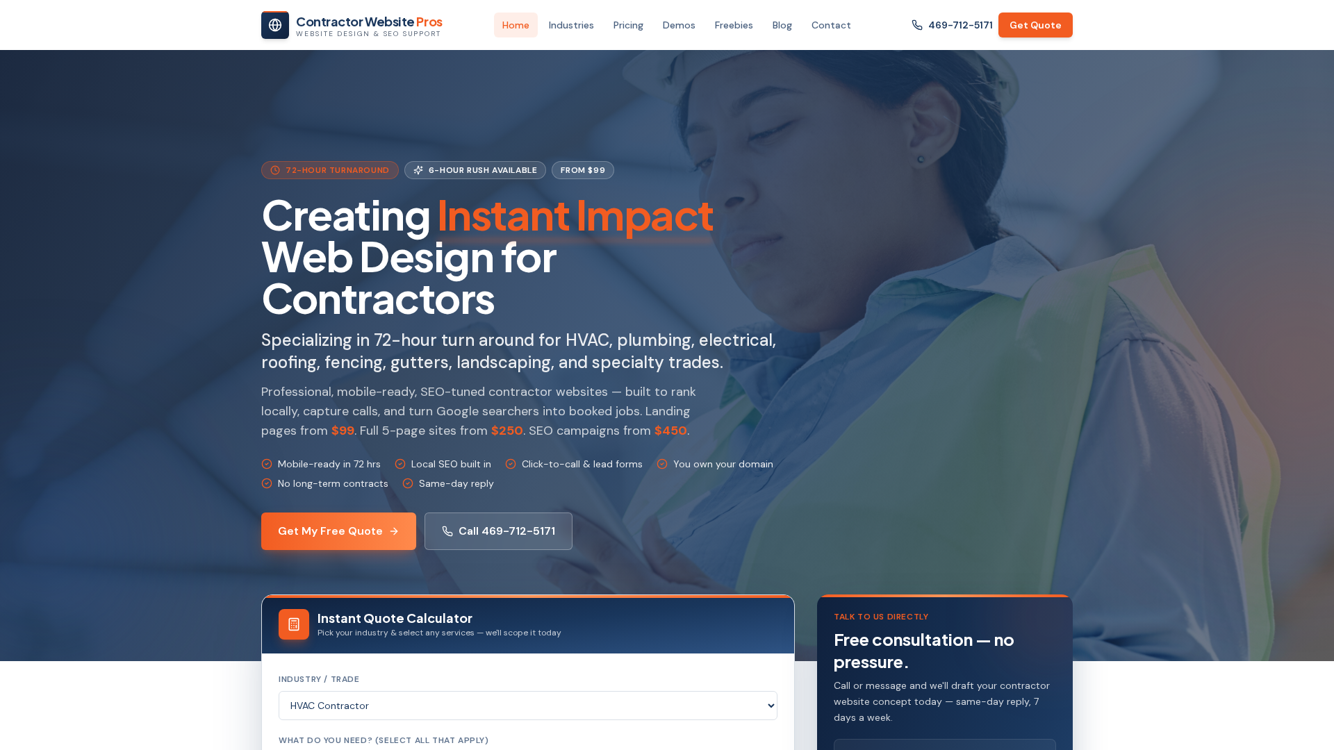Live demo preview of Contractor Website Pros — a fully functional web design agency website built by Contractor Website Pros