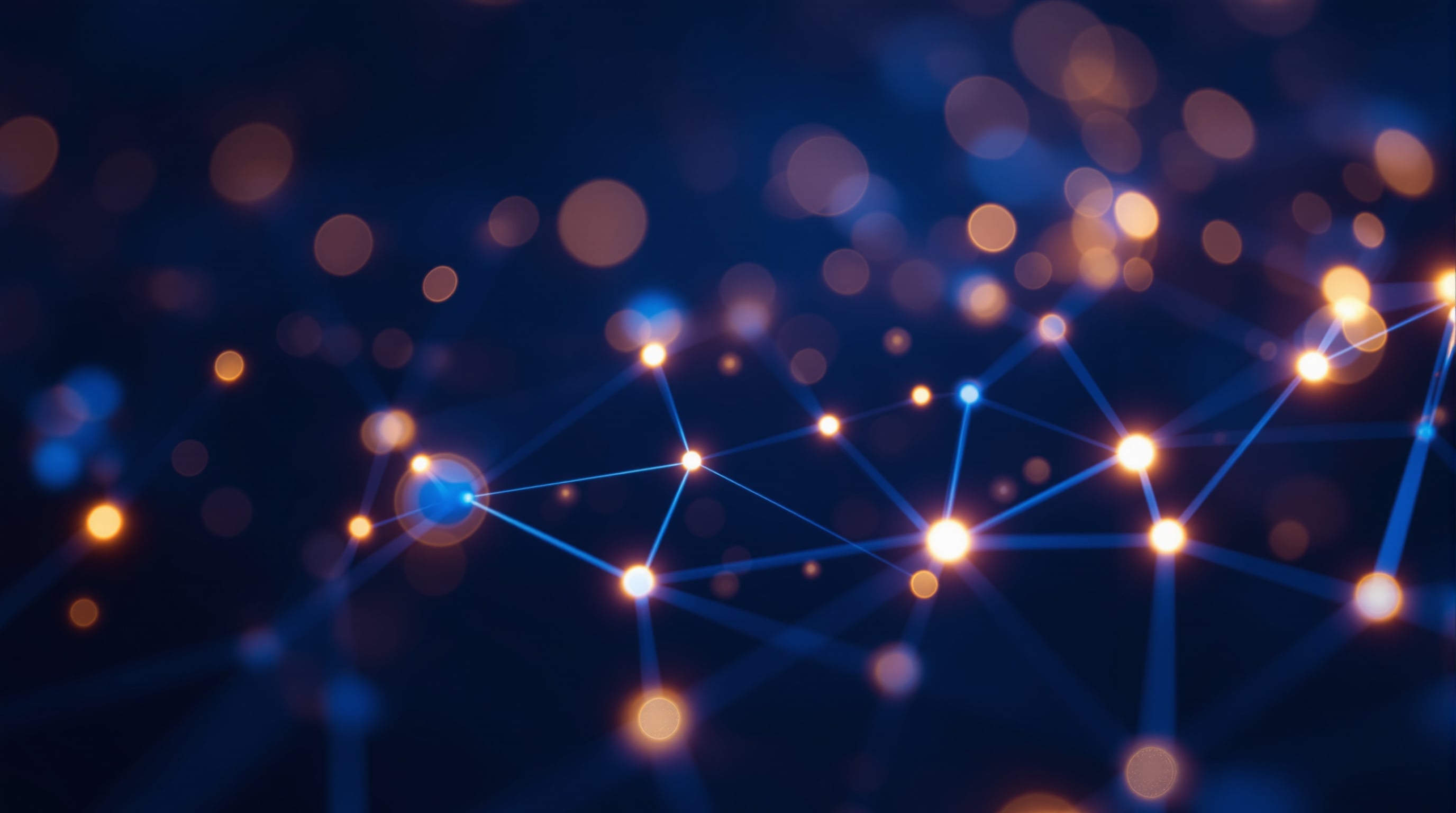 Abstract connected nodes network visualization on dark navy background