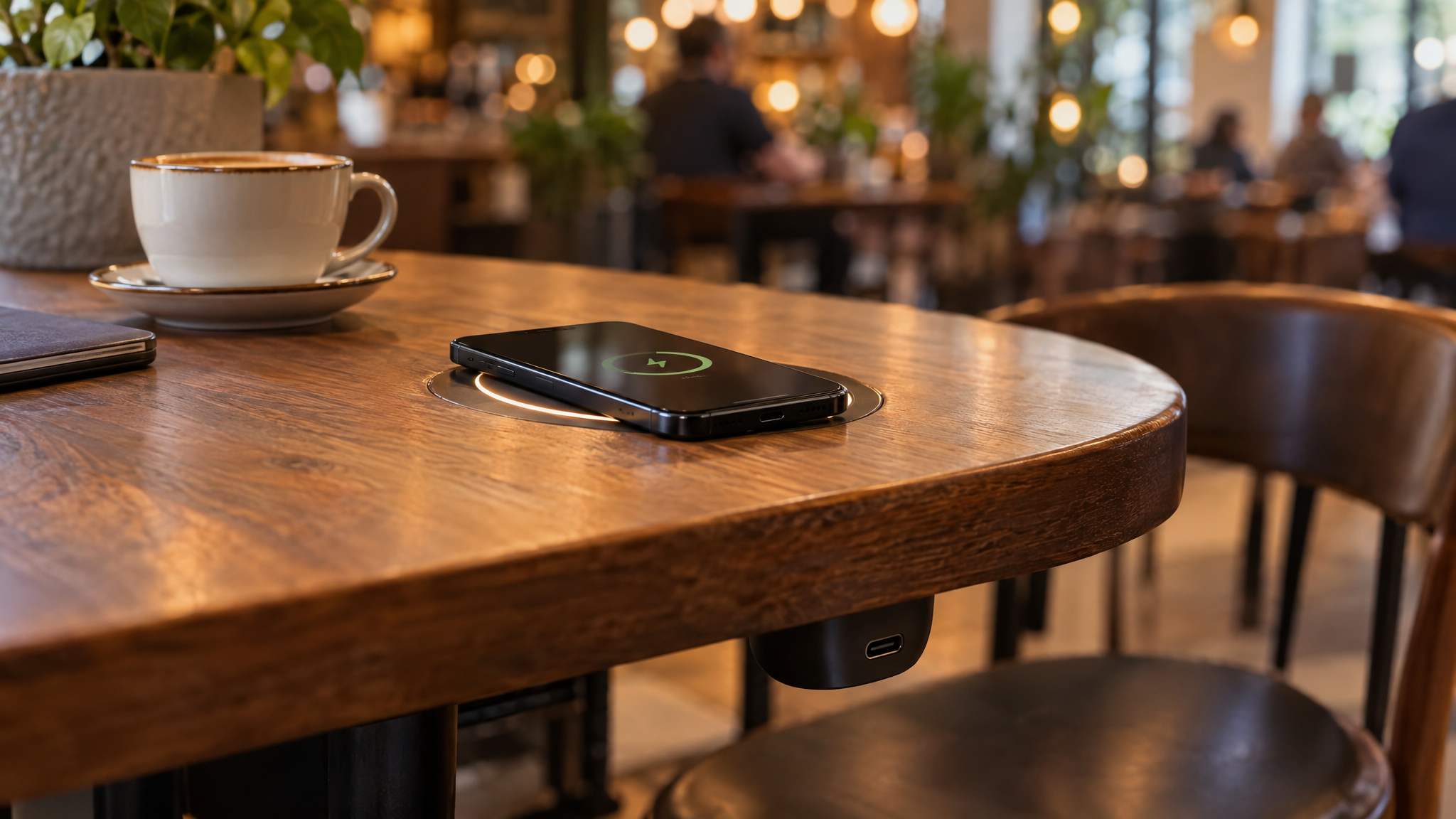 Ahşap kafe masasına gömülü kablosuz şarj istasyonu ve masa altındaki USB-C şarj girişi
