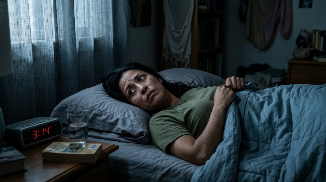 A woman veteran lying awake at night as her migraines disrupt her sleep