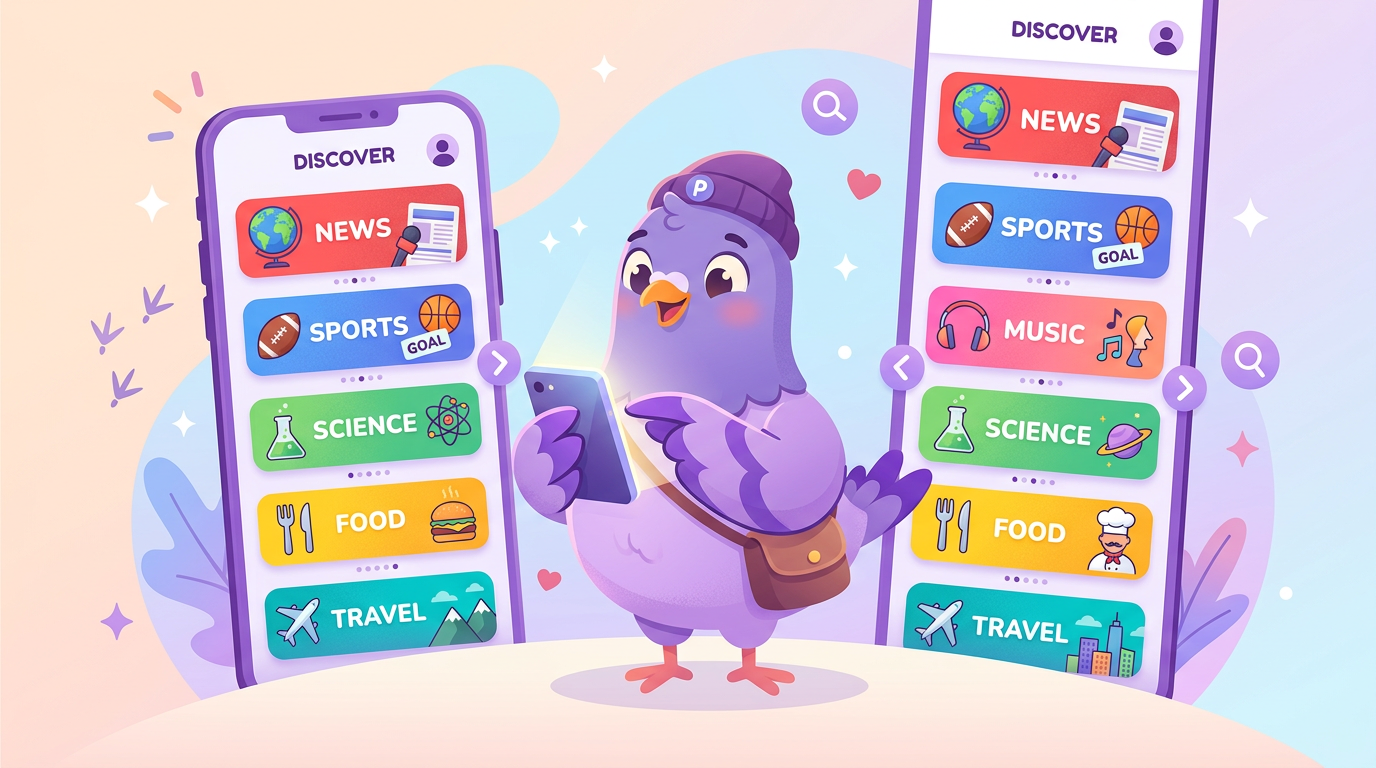 Pigeon mascot browsing a scrollable feed of colourful category cards