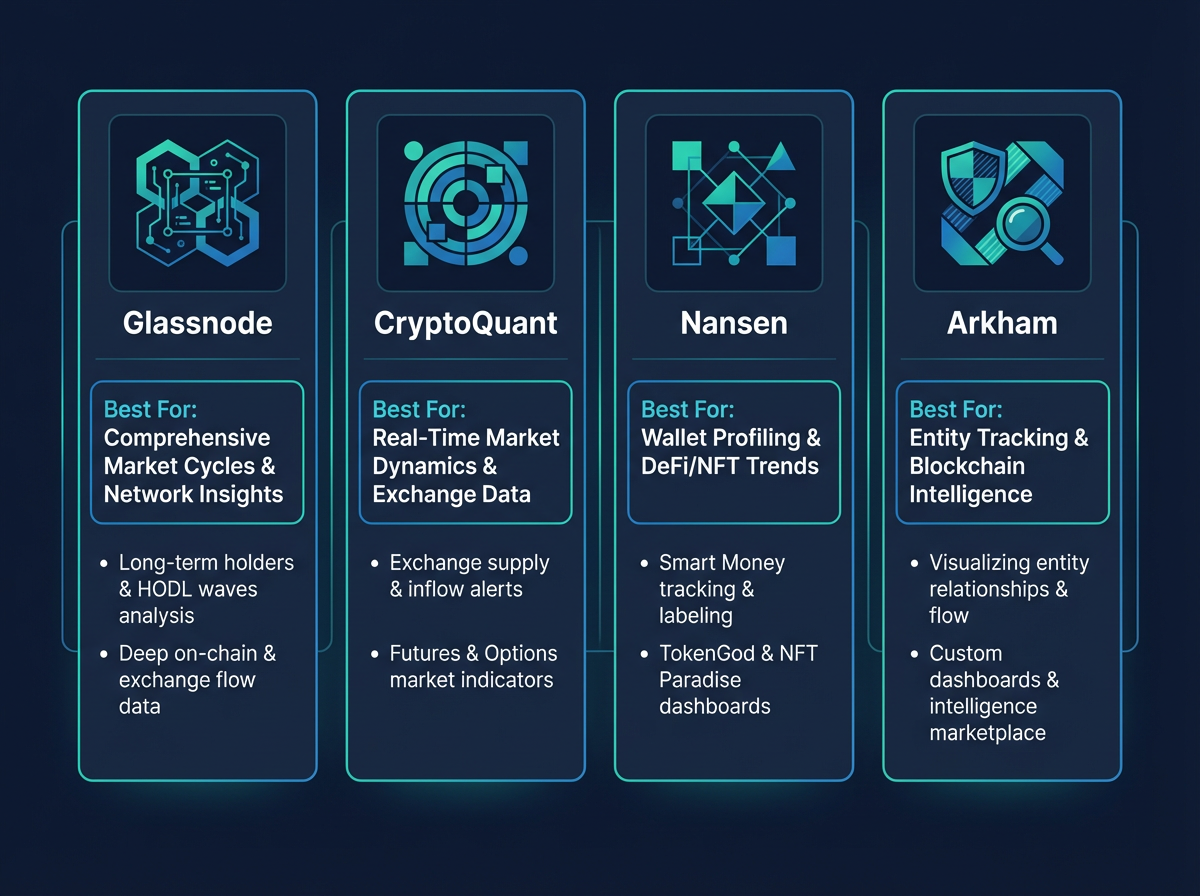 On-chain analytics crypto trading tools comparison — Glassnode, CryptoQuant, Nansen, Arkham