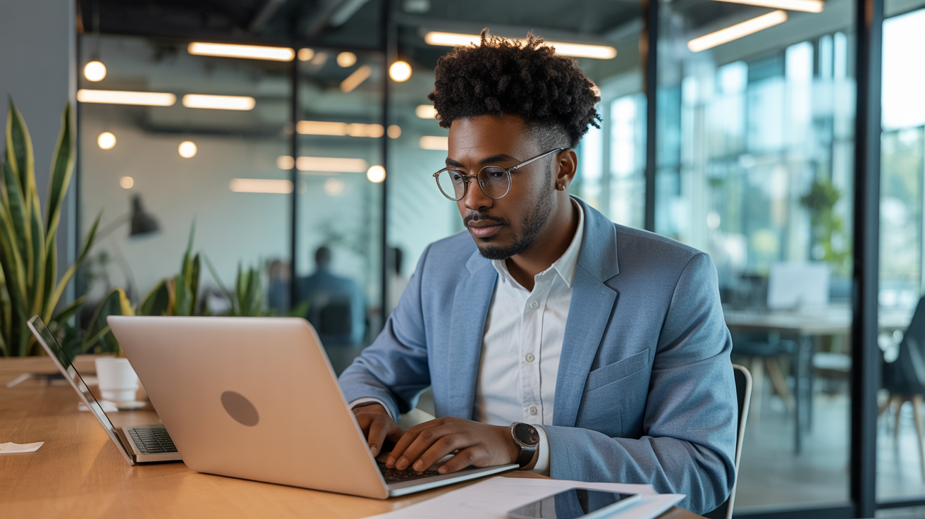 African entrepreneur working remotely in modern co-working space
